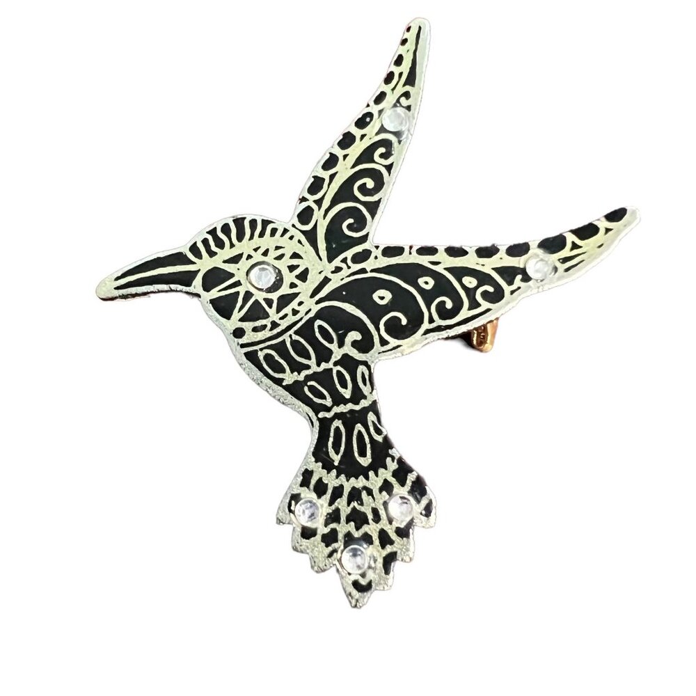Hummingbird Brooch Crystal Gold Black Plastic‎ Vintage Pin Made in Germany